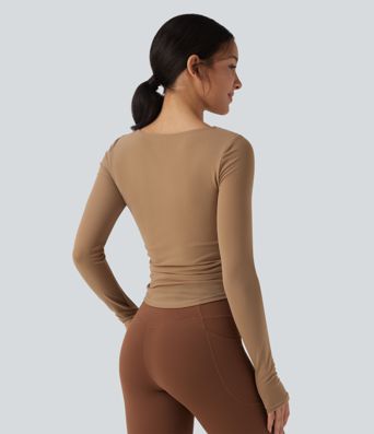 Square Neck Long Sleeve Thumb Holes Contrast Mesh Ruched Curved Hem 2-in-1 Workout Top