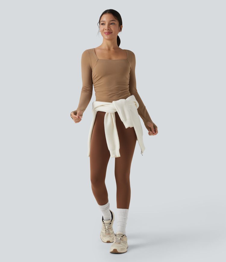 Square Neck Long Sleeve Thumb Holes Contrast Mesh Ruched Curved Hem 2-in-1 Workout Top