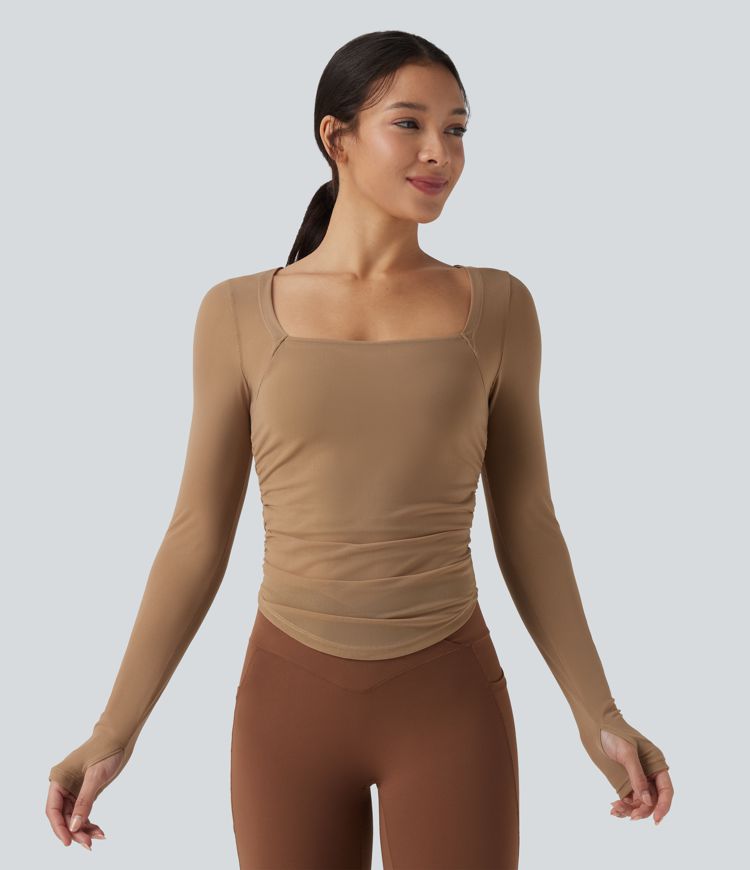 Square Neck Long Sleeve Thumb Holes Contrast Mesh Ruched Curved Hem 2-in-1 Workout Top