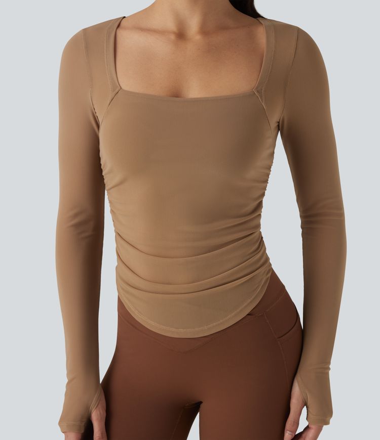 Square Neck Long Sleeve Thumb Holes Contrast Mesh Ruched Curved Hem 2-in-1 Workout Top