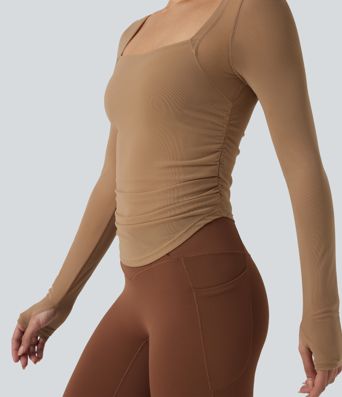 Square Neck Long Sleeve Thumb Holes Contrast Mesh Ruched Curved Hem 2-in-1 Workout Top