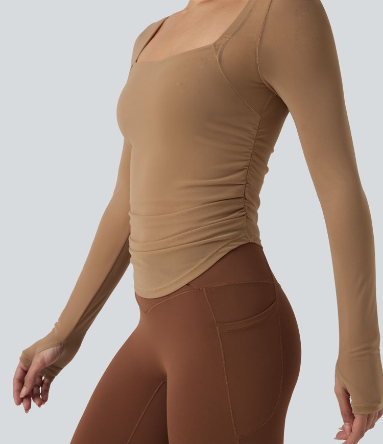 Square Neck Long Sleeve Thumb Holes Contrast Mesh Ruched Curved Hem 2-in-1 Workout Top