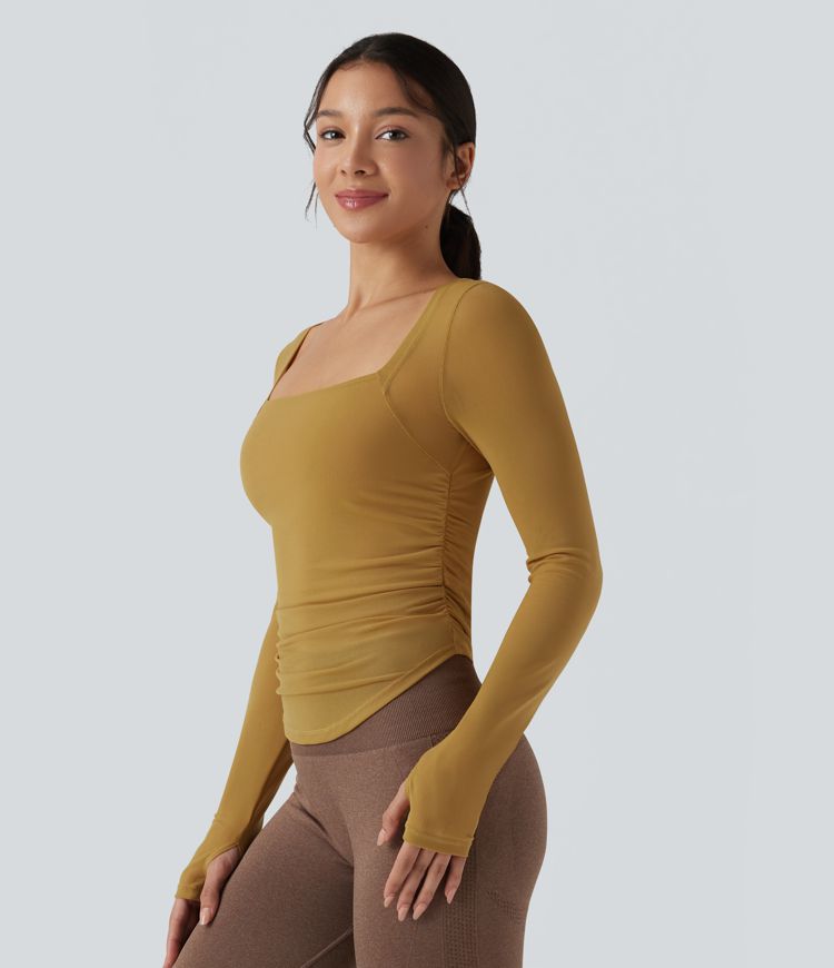 Square Neck Long Sleeve Thumb Holes Contrast Mesh Ruched Curved Hem 2-in-1 Workout Top