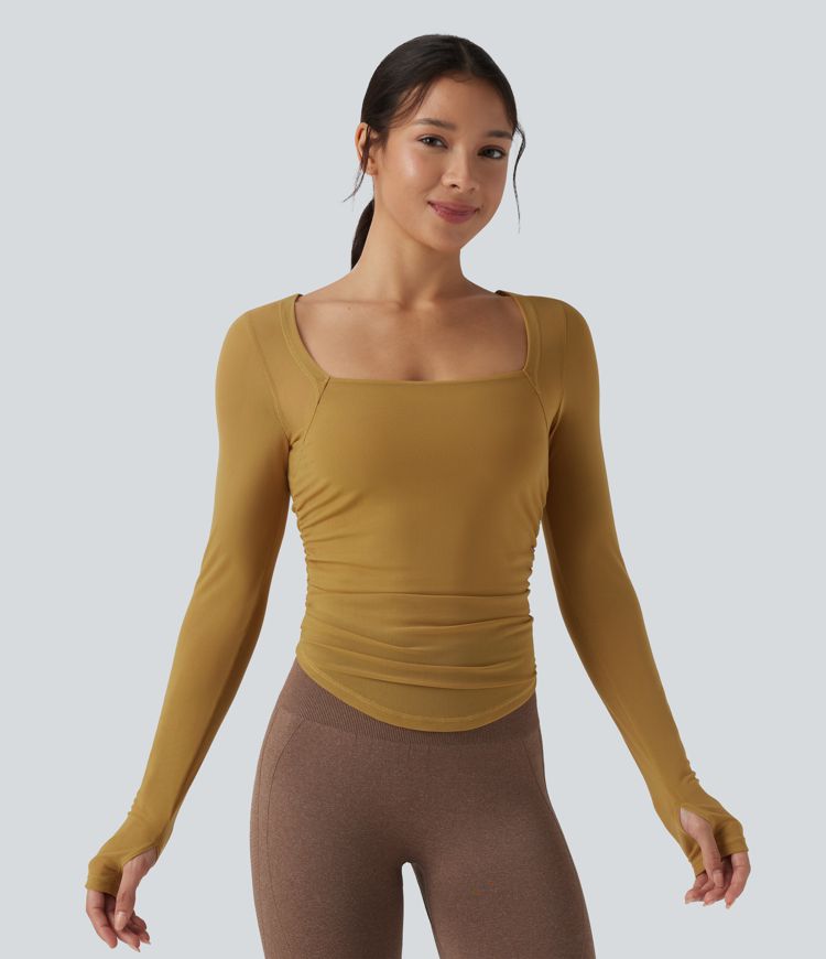 Square Neck Long Sleeve Thumb Holes Contrast Mesh Ruched Curved Hem 2-in-1 Workout Top