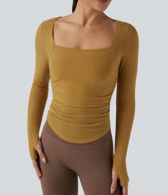 Square Neck Long Sleeve Thumb Holes Contrast Mesh Ruched Curved Hem 2-in-1 Workout Top