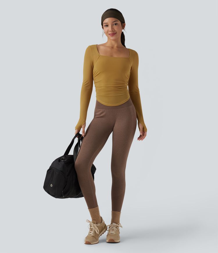 Square Neck Long Sleeve Thumb Holes Contrast Mesh Ruched Curved Hem 2-in-1 Workout Top
