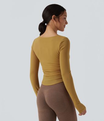 Square Neck Long Sleeve Thumb Holes Contrast Mesh Ruched Curved Hem 2-in-1 Workout Top