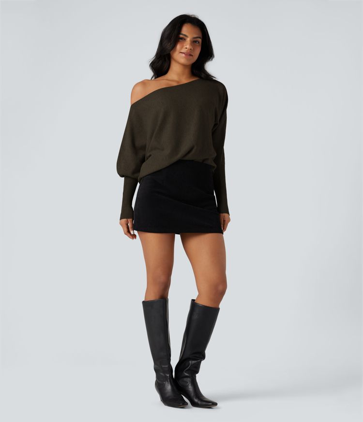 One-shoulder Batwing Sleeve Curved Hem Work Sweater