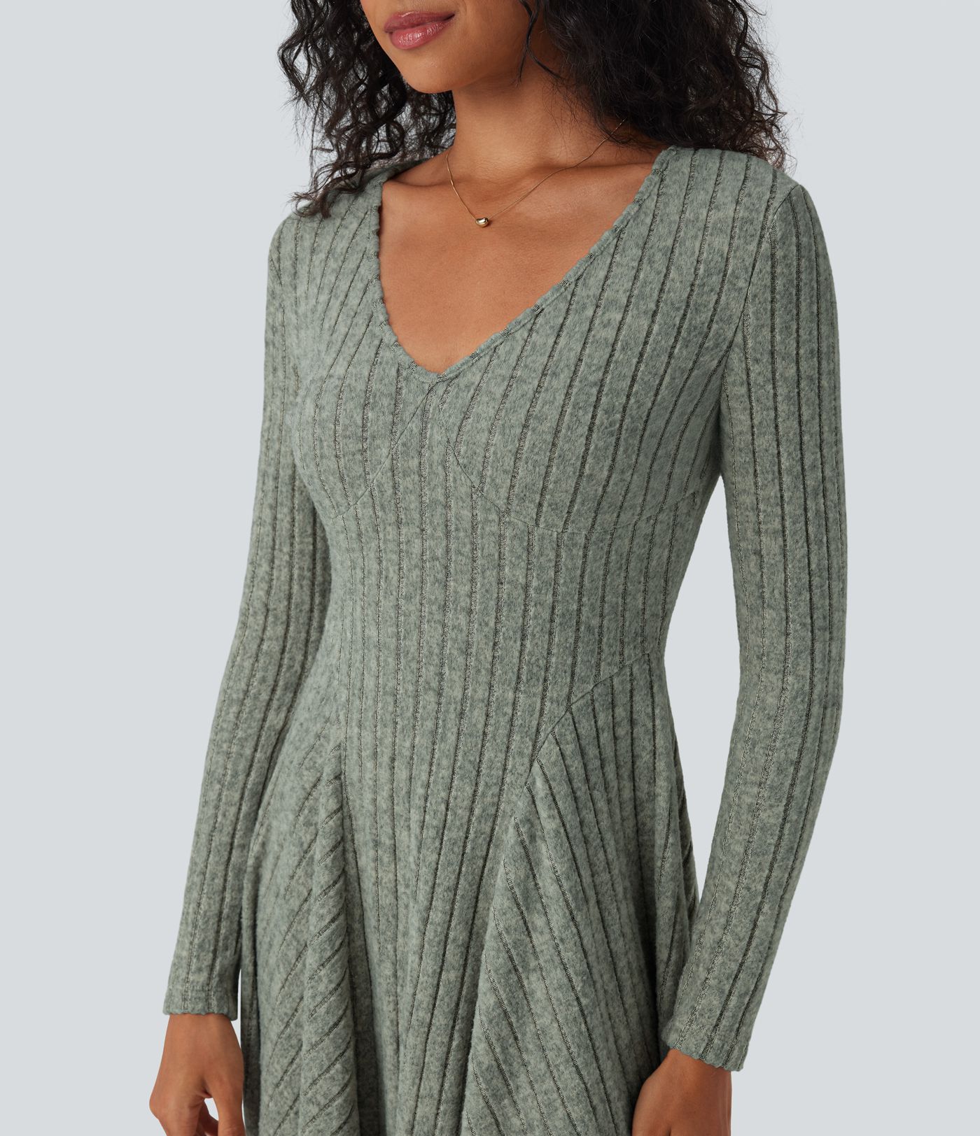 Ribbed Knit V Neck Long Sleeve Flare Mini Casual Dress with Pockets