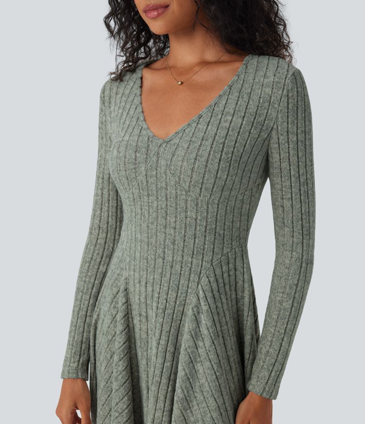 Ribbed Knit V Neck Long Sleeve Flare Mini Casual Dress with Pockets