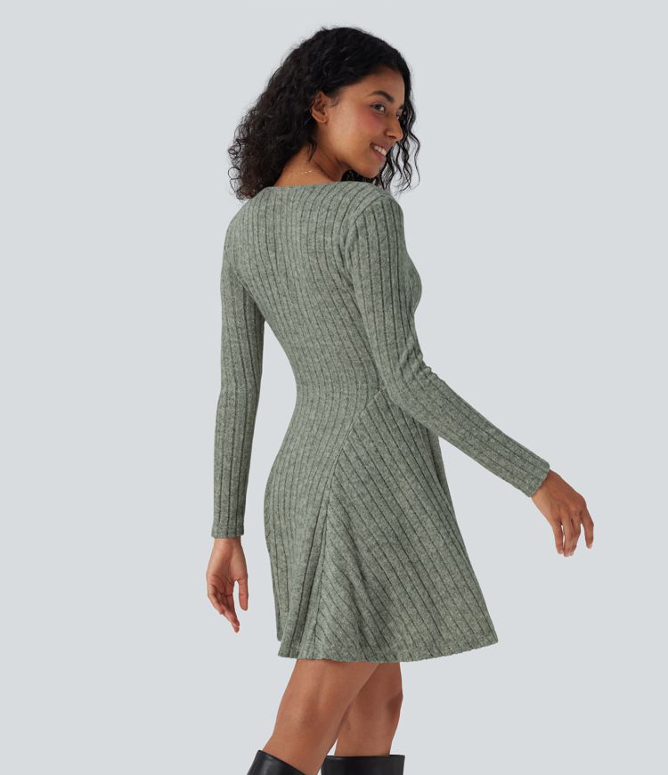 Ribbed Knit V Neck Long Sleeve Flare Mini Casual Dress with Pockets