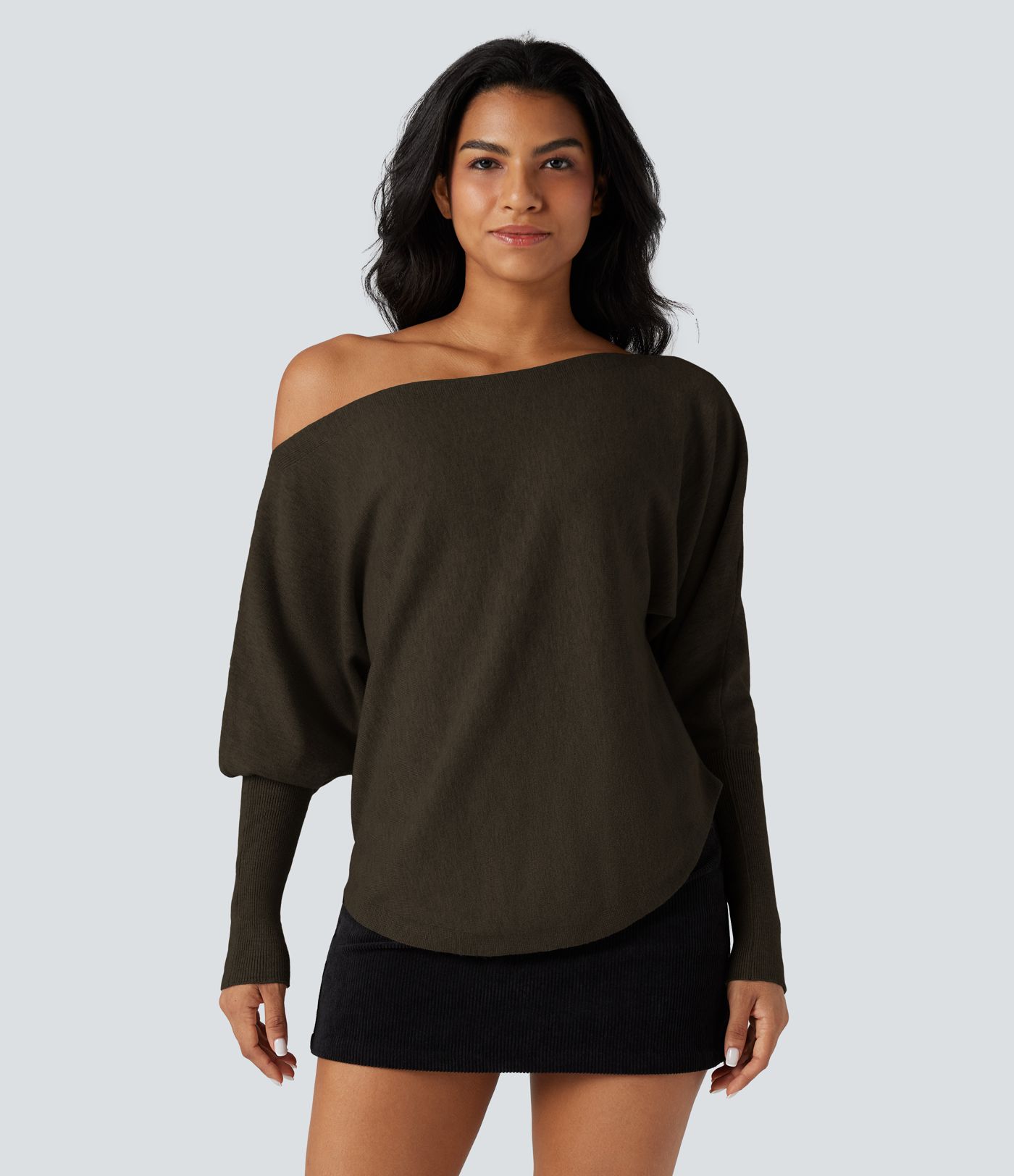 One-shoulder Batwing Sleeve Curved Hem Work Sweater