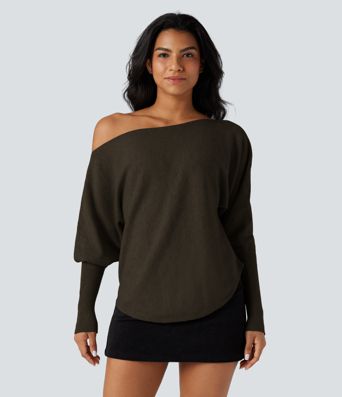 One-shoulder Batwing Sleeve Curved Hem Work Sweater