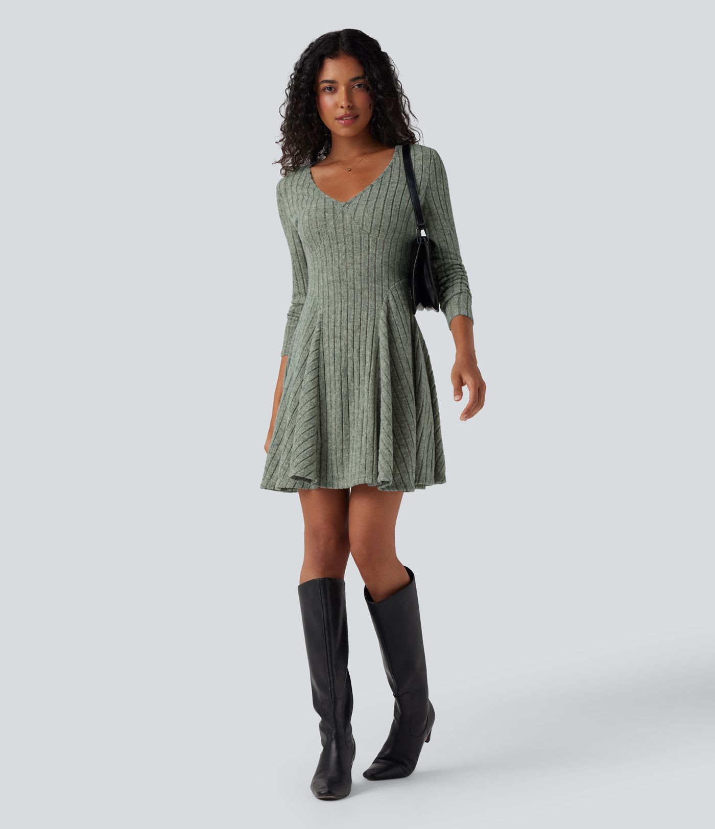 Ribbed Knit V Neck Long Sleeve Flare Mini Casual Dress with Pockets