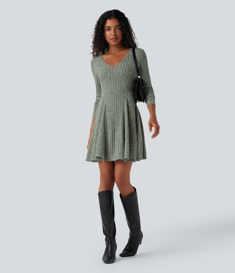 Ribbed Knit V Neck Long Sleeve Flare Mini Casual Dress with Pockets