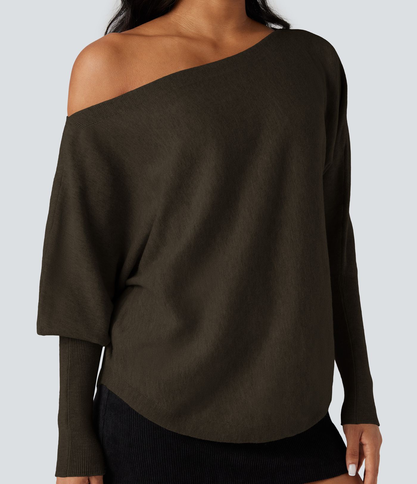One-shoulder Batwing Sleeve Curved Hem Work Sweater