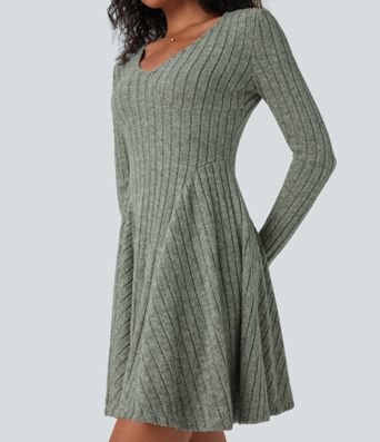 Ribbed Knit V Neck Long Sleeve Flare Mini Casual Dress with Pockets