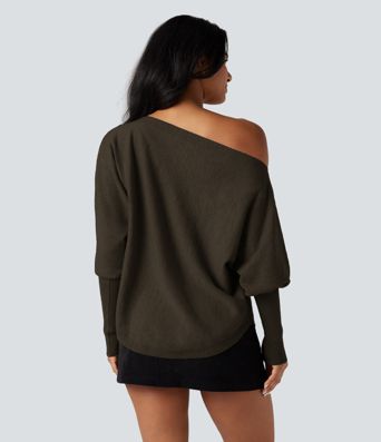One-shoulder Batwing Sleeve Curved Hem Work Sweater