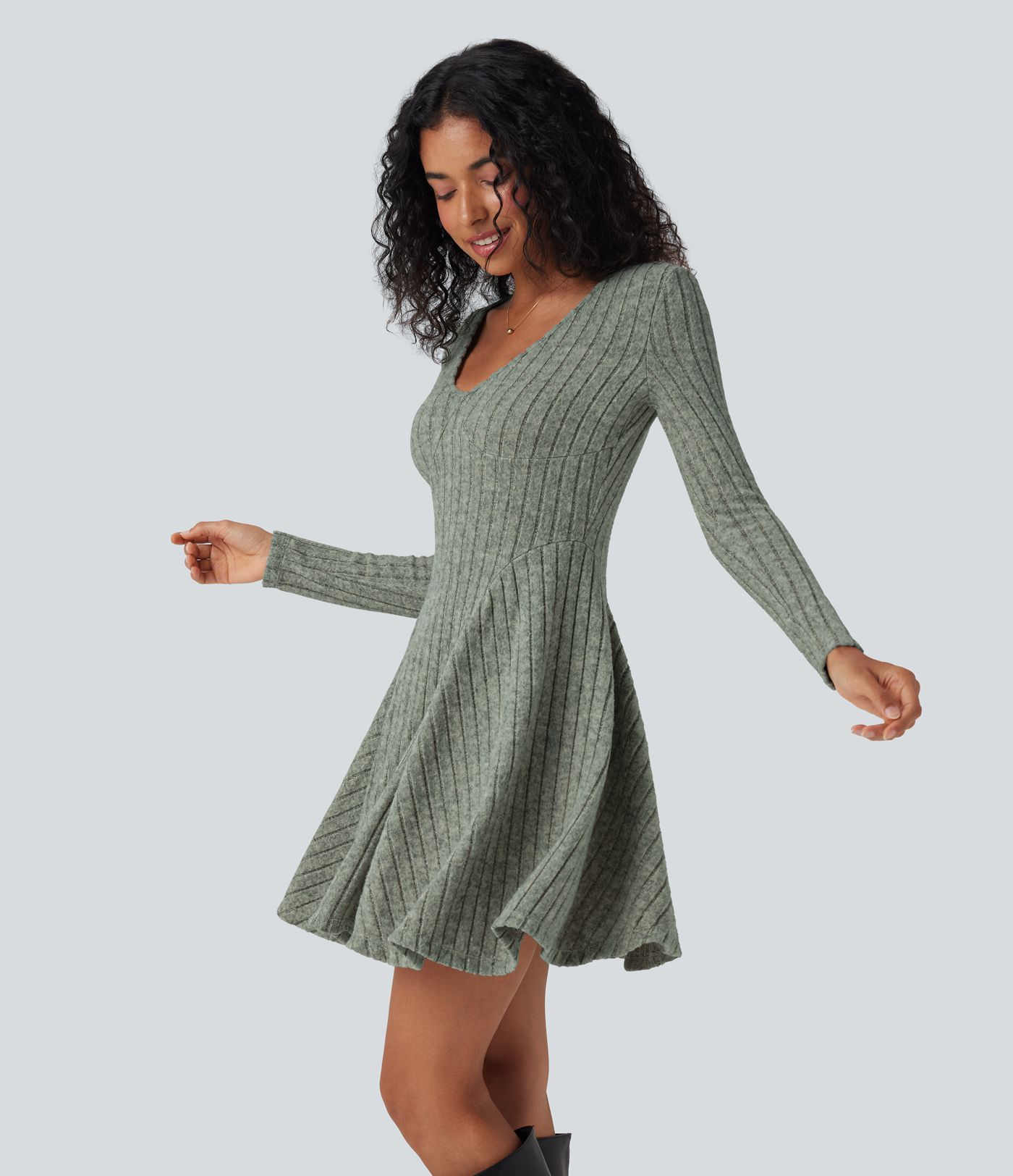 Ribbed Knit V Neck Long Sleeve Flare Mini Casual Dress with Pockets