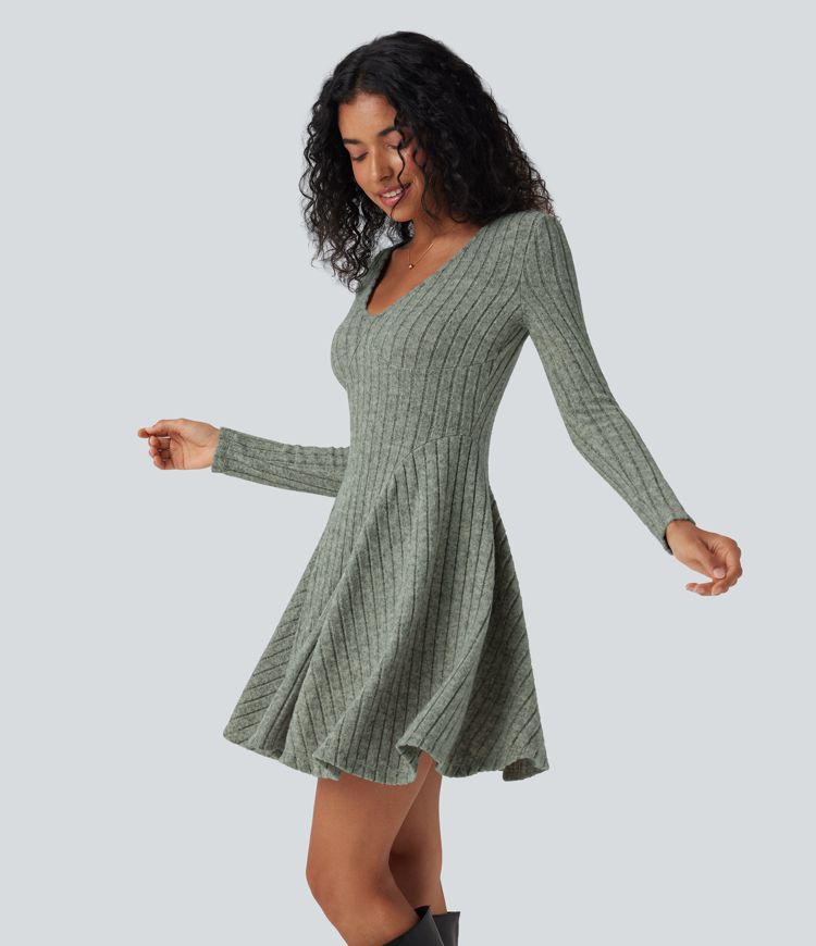 Ribbed Knit V Neck Long Sleeve Flare Mini Casual Dress with Pockets