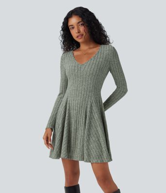 Ribbed Knit V Neck Long Sleeve Flare Mini Casual Dress with Pockets