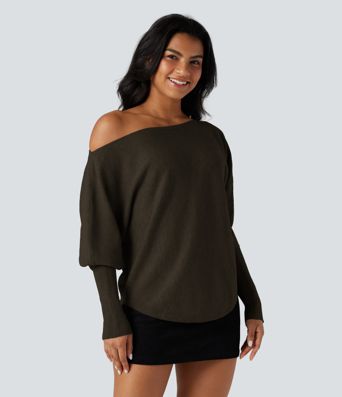 One-shoulder Batwing Sleeve Curved Hem Work Sweater