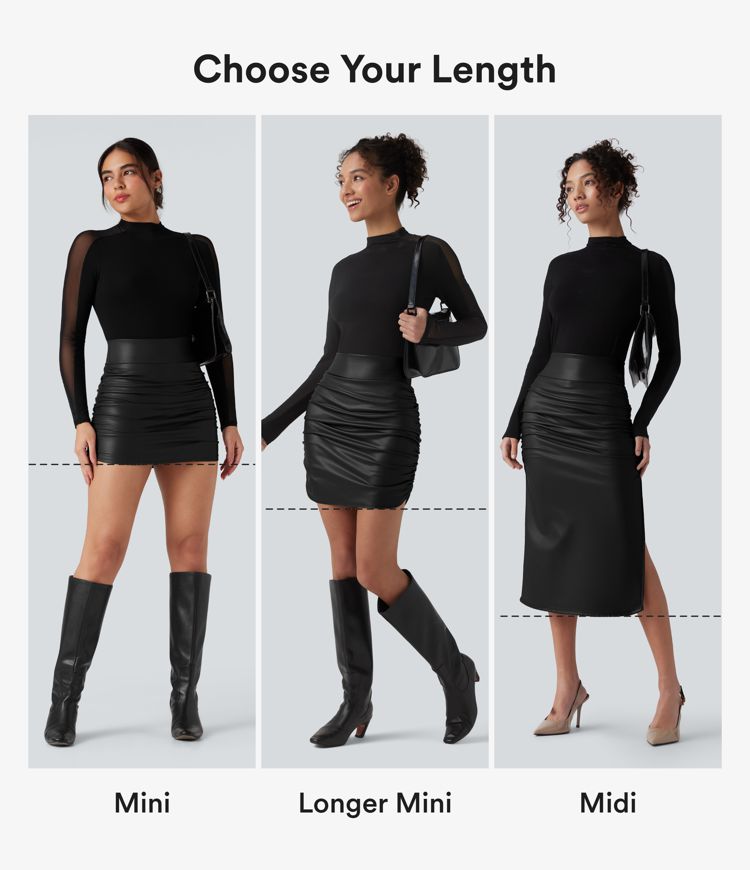 High Waisted Tummy Control Ruched Curved Hem 2-in-1 Fleece PU Midi Casual Skirt