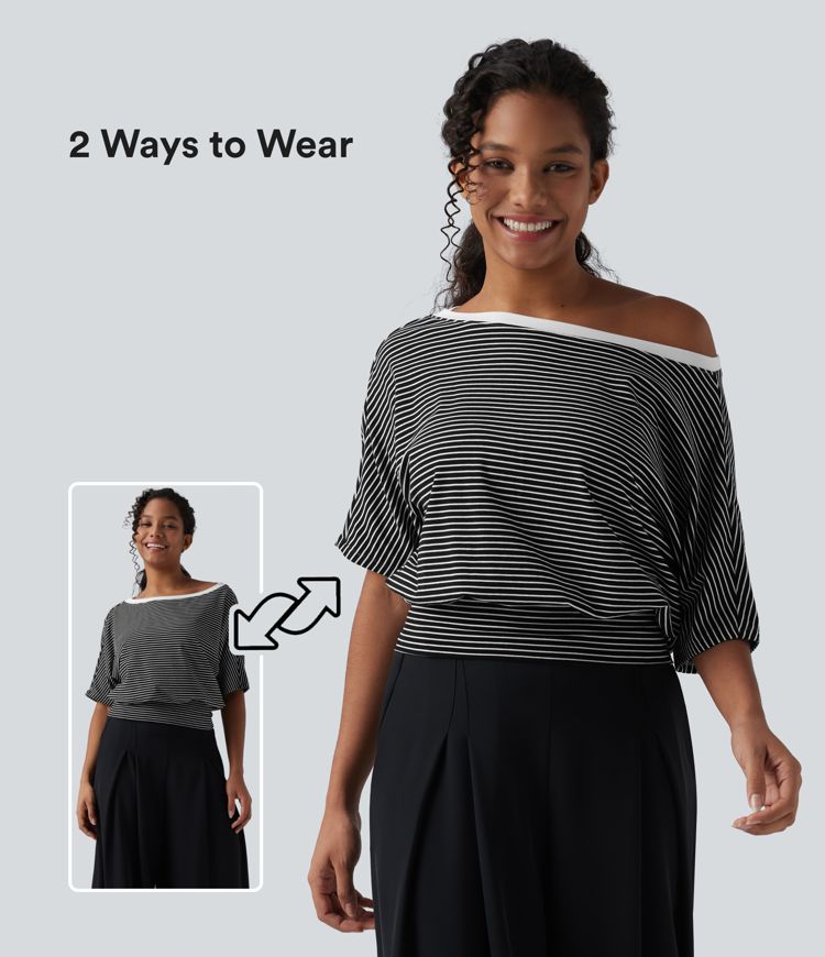 One Shoulder Short Sleeve Stripe Casual T-Shirt