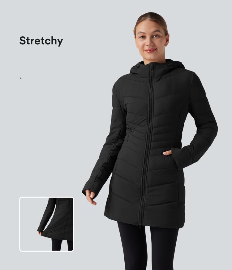 PuffFlex Hooded Longline Stretchy Casual Padded Jacket with Pockets