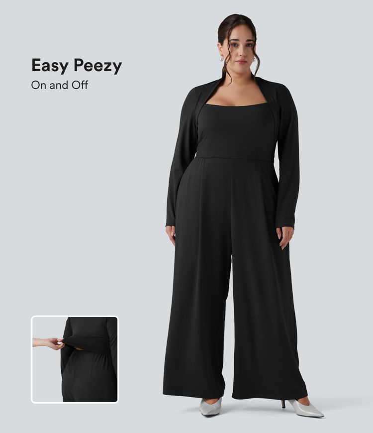Plus Size Long Sleeve Wide Leg Jumpsuit with Pockets-Easy Peezy Edition