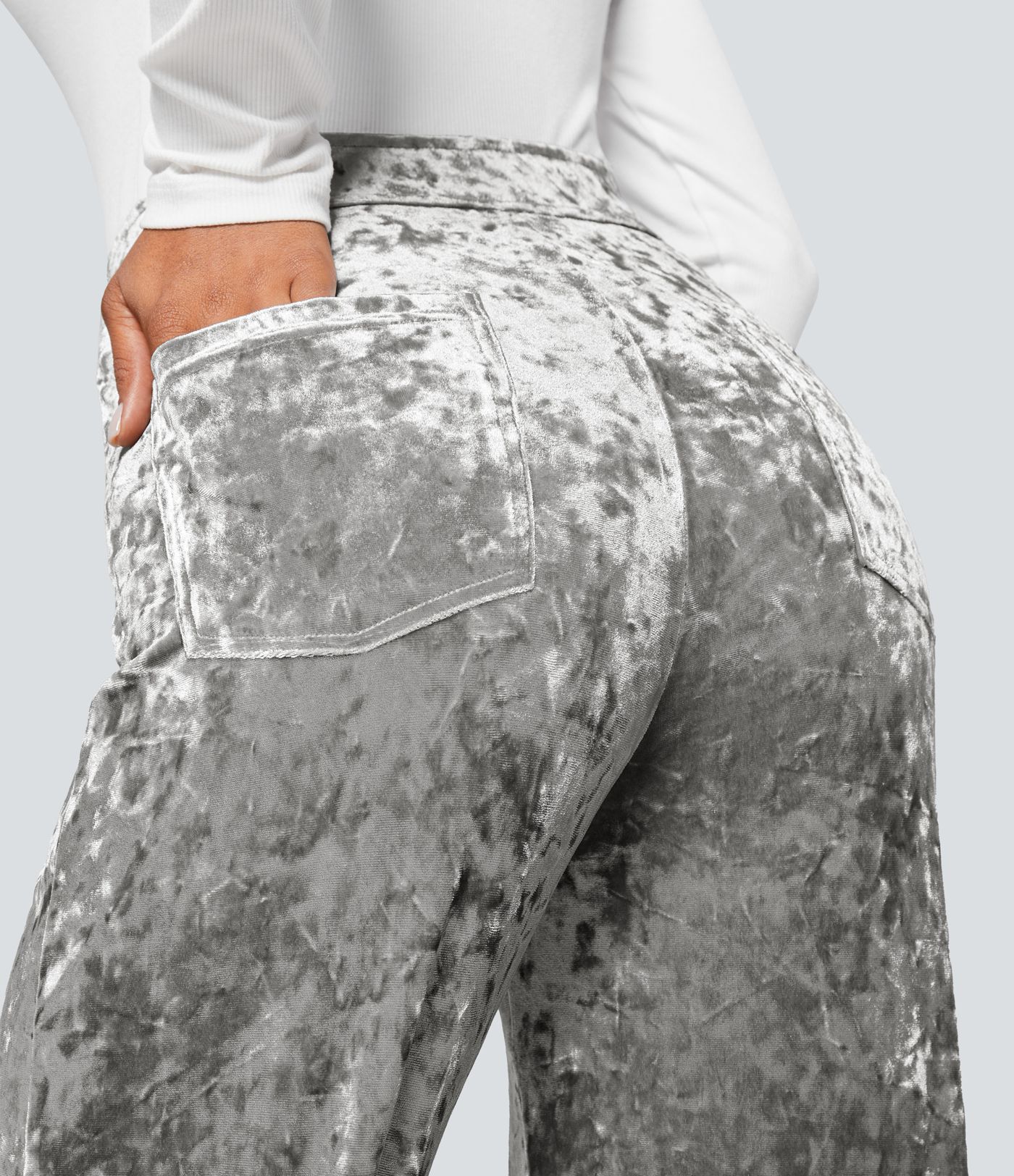 High Waisted Pockets Straight Leg Velvet Casual Trousers