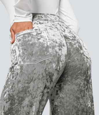 High Waisted Pockets Straight Leg Velvet Casual Trousers