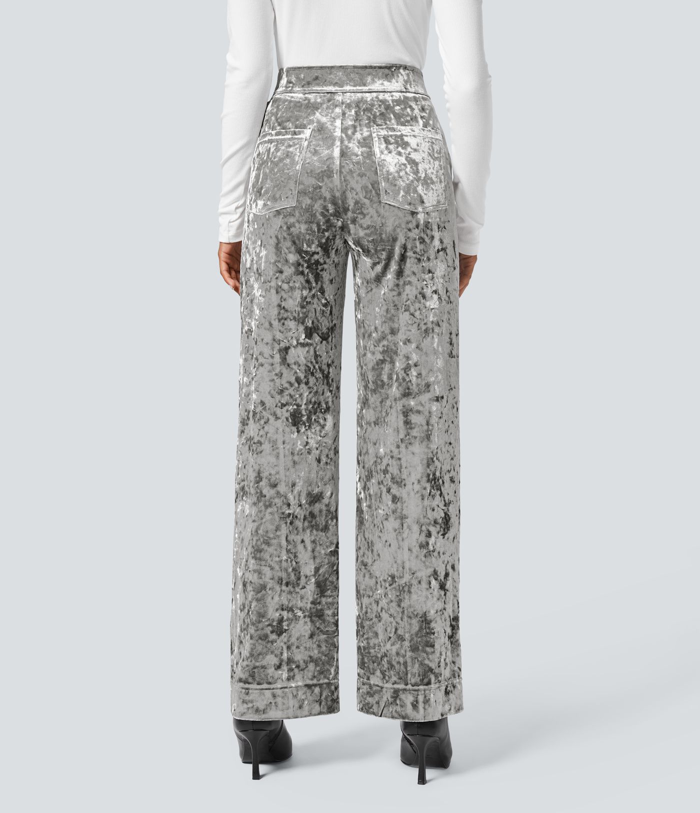 High Waisted Pockets Straight Leg Velvet Casual Trousers