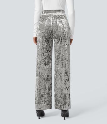 High Waisted Pockets Straight Leg Velvet Casual Trousers