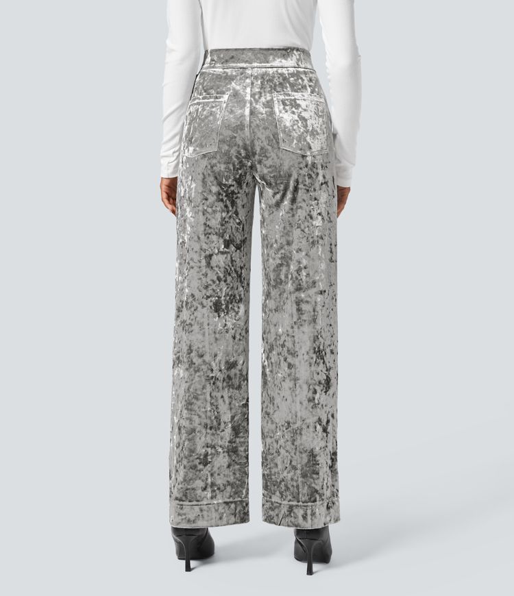 High Waisted Pockets Straight Leg Velvet Casual Trousers