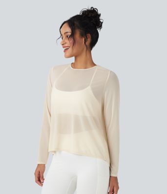Sheer Mesh Cut-out Long Sleeve Yoga Sports Top