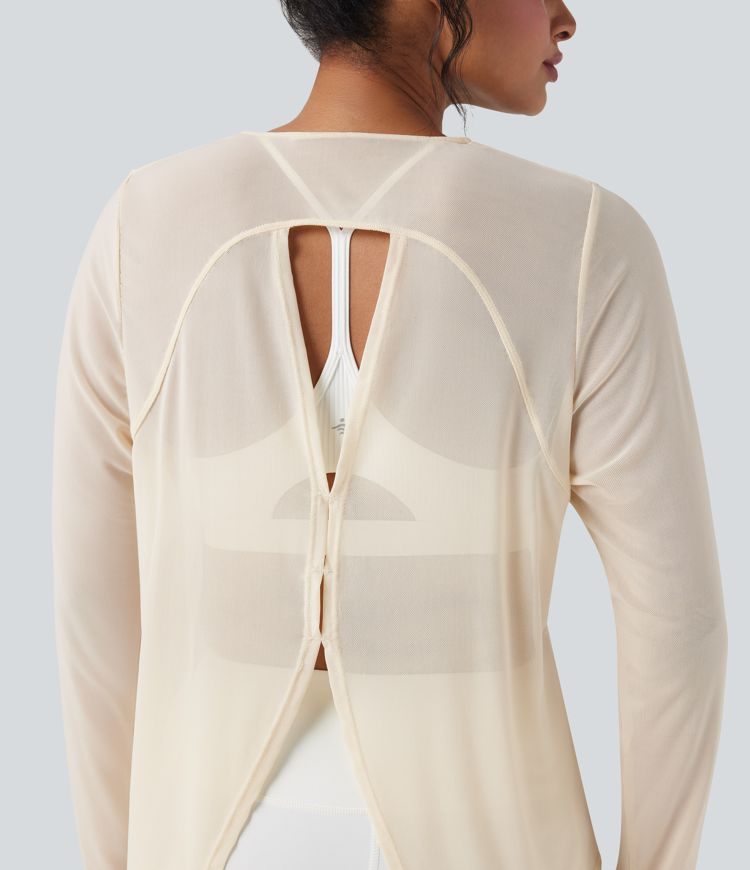 Sheer Mesh Cut-out Long Sleeve Yoga Sports Top