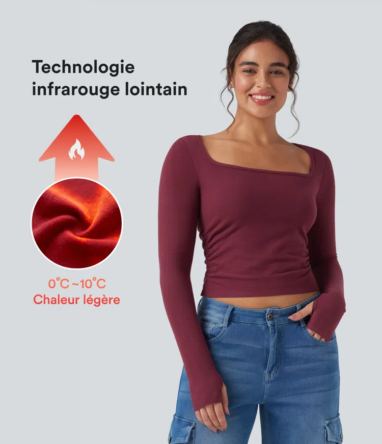 Cordovan Top ajusté col U manches longues trous pouces froncé réchauffant / 1
