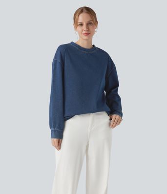 Halara Flex™ Denim Round Neck Long Sleeve Washed Casual T-Shirt