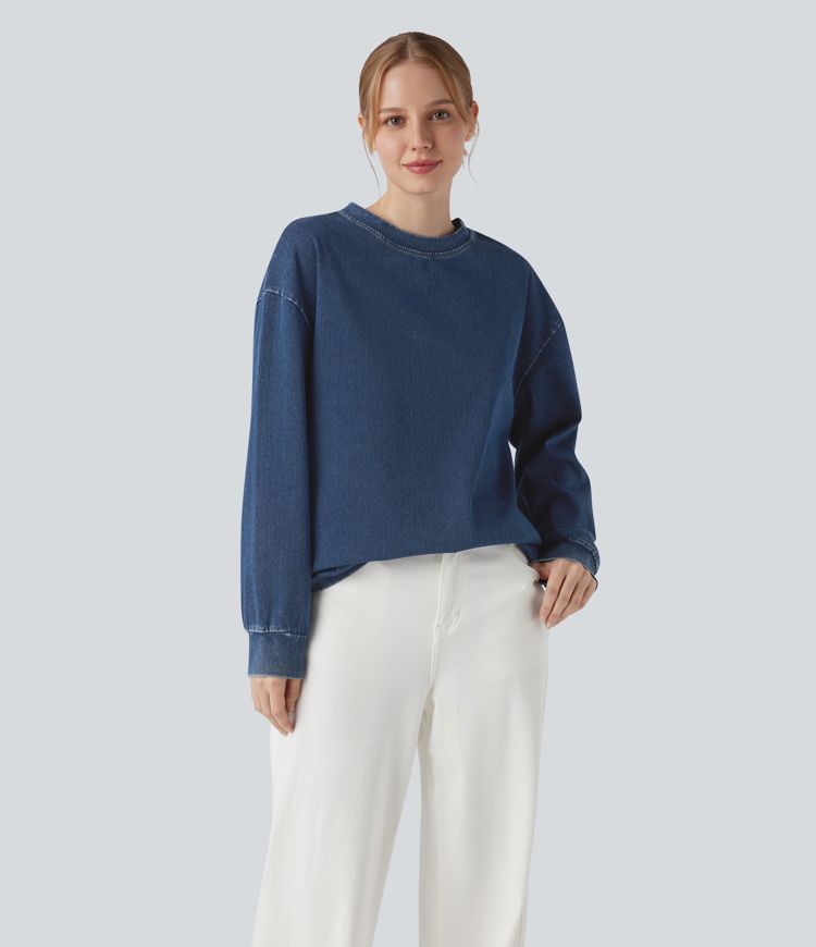 Halara Flex™ Denim Round Neck Long Sleeve Washed Casual T-Shirt