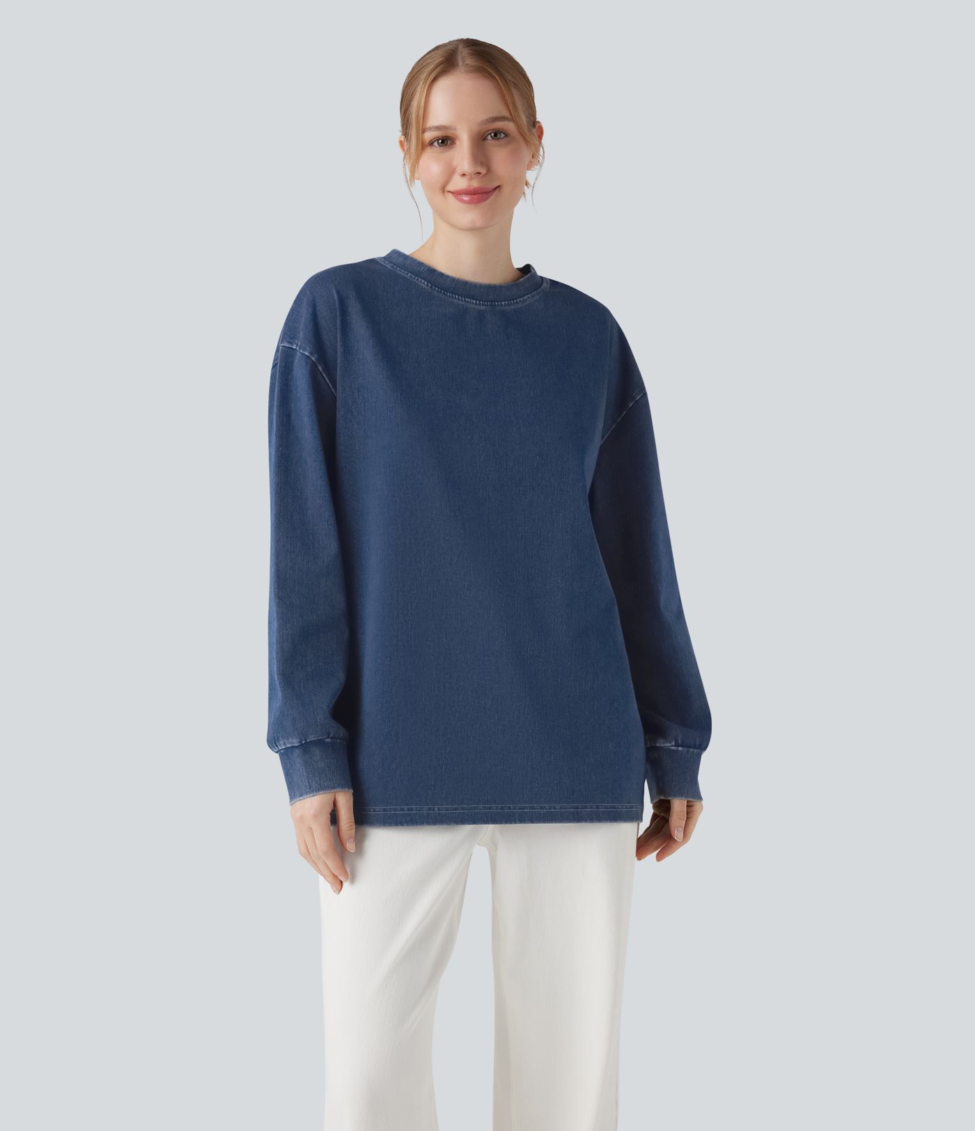Halara Flex™ Denim Round Neck Long Sleeve Washed Casual T-Shirt