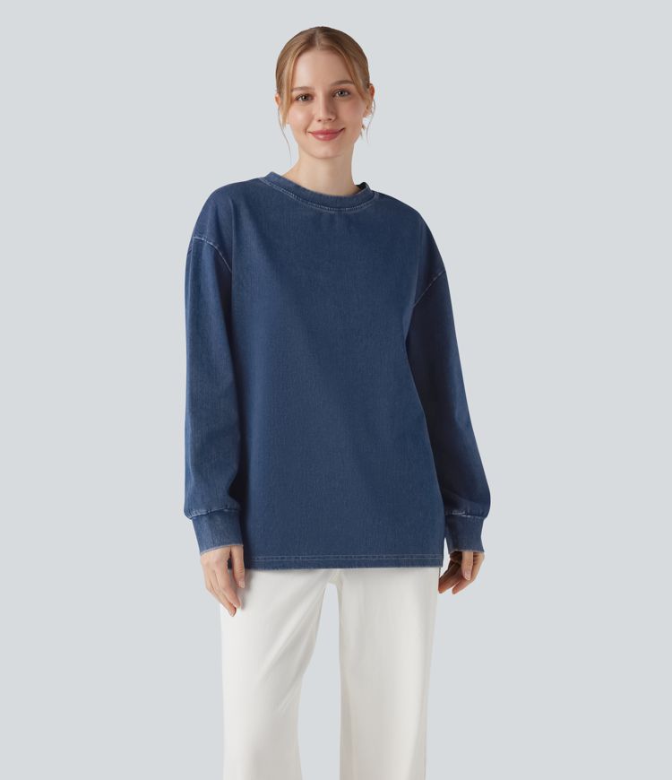 Halara Flex™ Denim Round Neck Long Sleeve Washed Casual T-Shirt