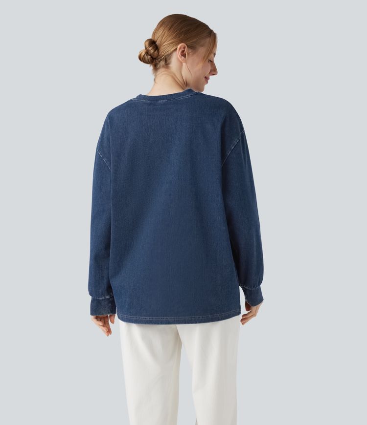 Halara Flex™ Denim Round Neck Long Sleeve Washed Casual T-Shirt