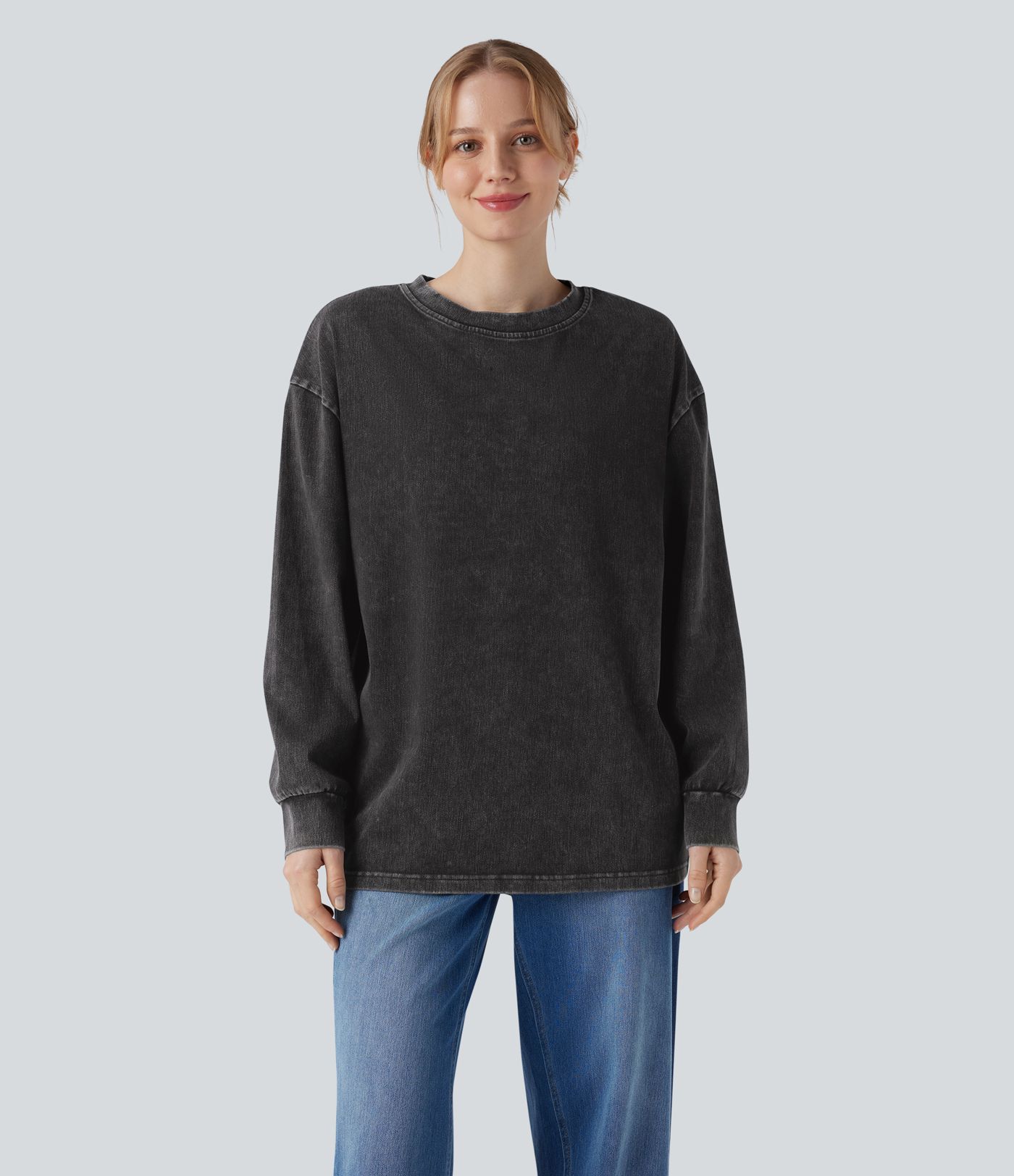 Halara Flex™ Denim Round Neck Long Sleeve Washed Casual T-Shirt