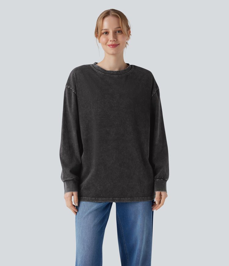 Halara Flex™ Denim Round Neck Long Sleeve Washed Casual T-Shirt