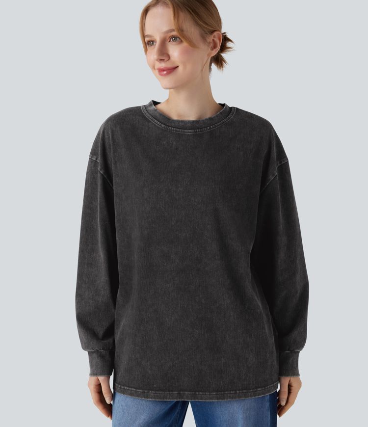 Halara Flex™ Denim Round Neck Long Sleeve Washed Casual T-Shirt