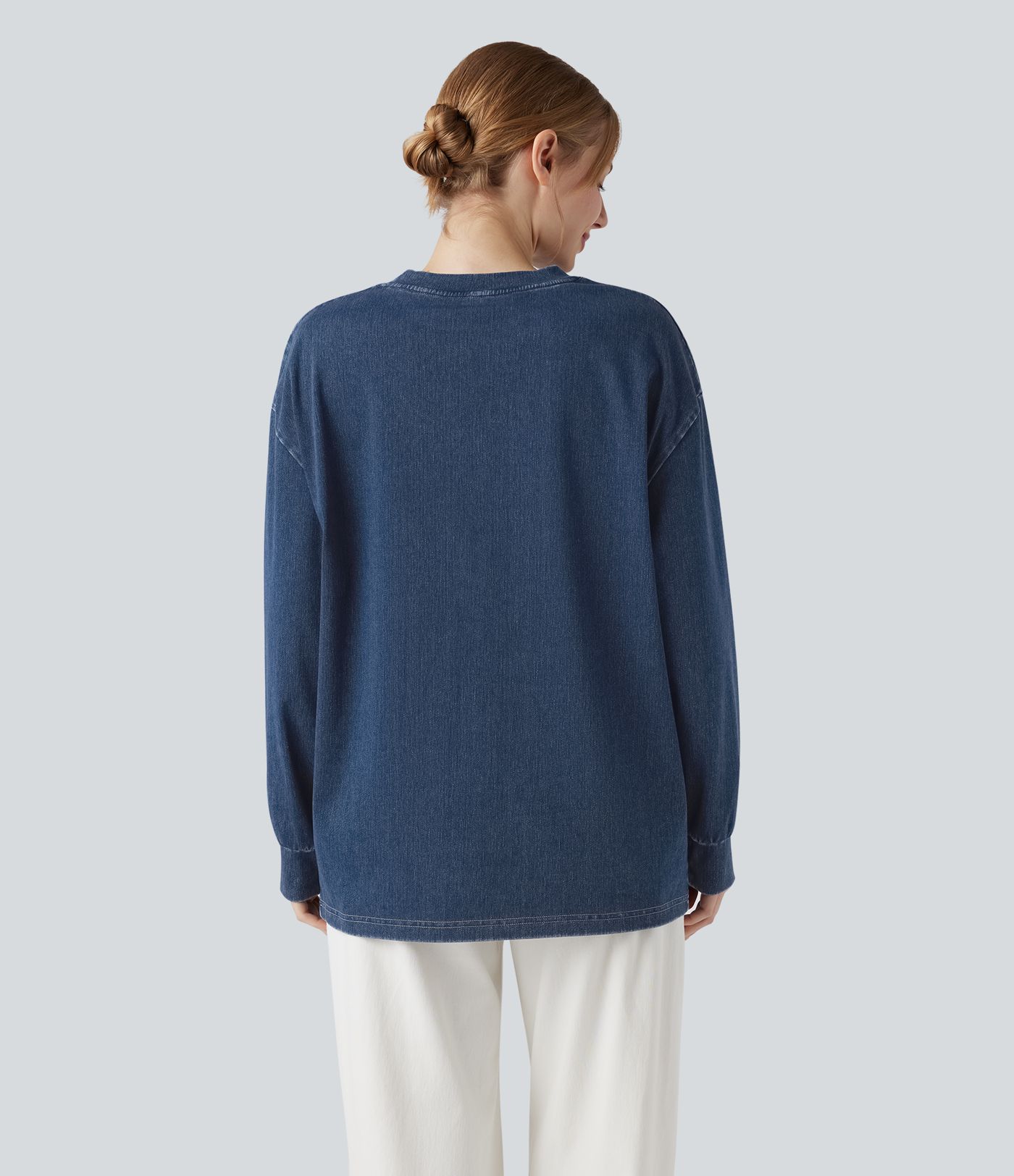 Halara Flex™ Denim Round Neck Long Sleeve Washed Casual T-Shirt