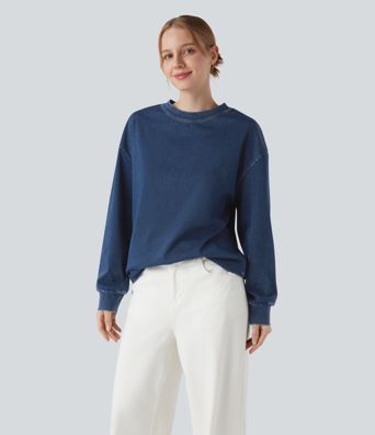 Halara Flex™ Denim Round Neck Long Sleeve Washed Casual T-Shirt