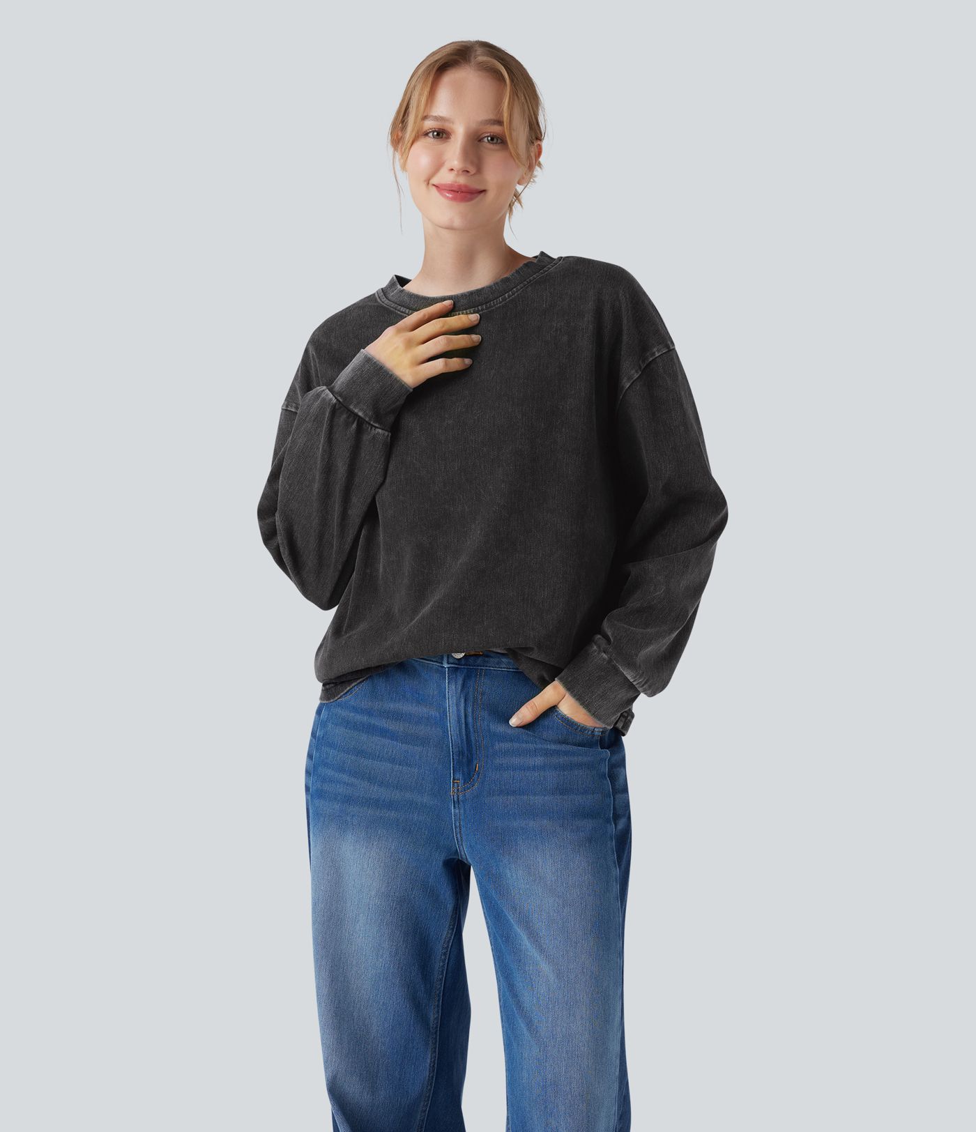 Halara Flex™ Denim Round Neck Long Sleeve Washed Casual T-Shirt