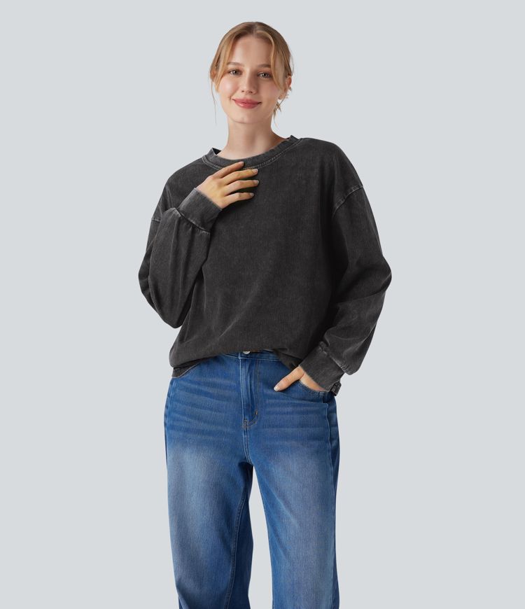 Halara Flex™ Denim Round Neck Long Sleeve Washed Casual T-Shirt